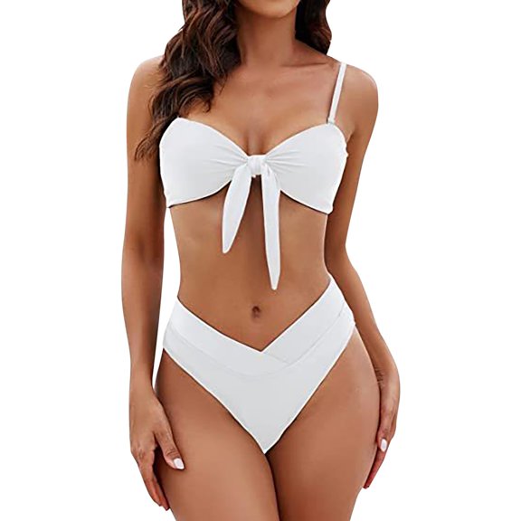 Fsqjgq Womens V Neck Tankinis Swimsuits Front Tie Knot Backless Two Piece Bikini Sets Solid Brazilian Bathing Suit Beachwear XXXL