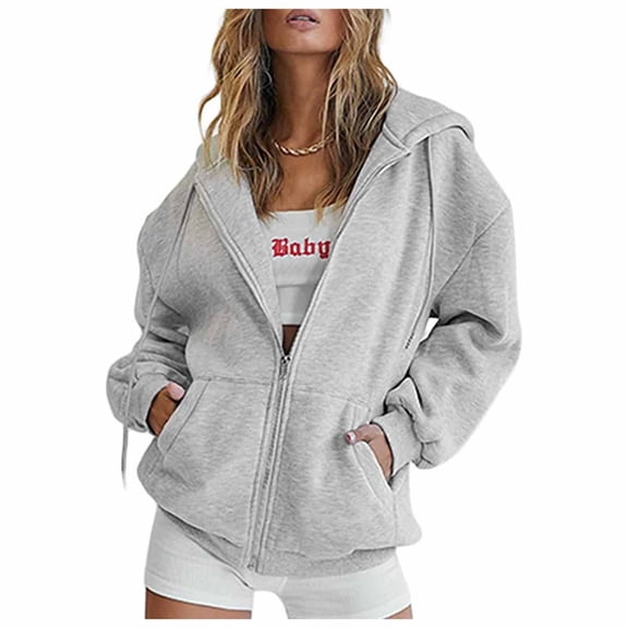 Fsqjgq Womens Zip Up Hoodies Teen Girls Oversized Sweatshirt Solid Color Long Sleeve Drawstring Jackets with Pockets Fall Coat Grey Xl