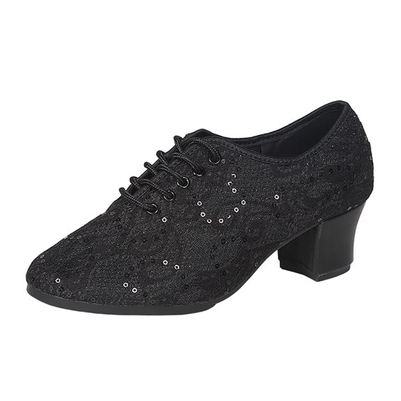 Fsqjgq Work Out Shoes Gym for Women Womens Shoes Leisure Women'S Sequin Soft Sole Solid Color Non Slip Square Heels Lace Up Round Toe Breathable Dancing Shoes Black Asian Size 41