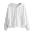 thumbnail image 1 of Fsqjgq Zip Up Hoodies Teen Girls Solid Color Jackets Oversized Sweatshirt with Pockets Fall Winter Basic Drawstring Coat Tops White S, 1 of 6