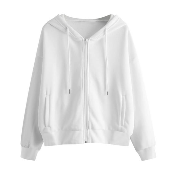 Fsqjgq Zip Up Hoodies Teen Girls Solid Color Jackets Oversized Sweatshirt with Pockets Fall Winter Basic Drawstring Coat Tops White S
