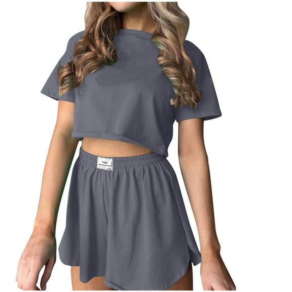 Fsshion 2 Piece of Sets for Womens Summer Plus Size Round Neck T-shirt Top Shorts Solid Color Two Piece Set Shirt Suit
