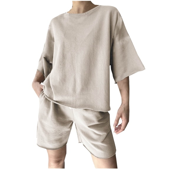 Fsshion 2 Piece of Sets for Womens Summer Plus Size Solid Color Casual Loose Fitting Drawstring Sports Hoodies Short Sleeve Round-Neck Blouses Sets