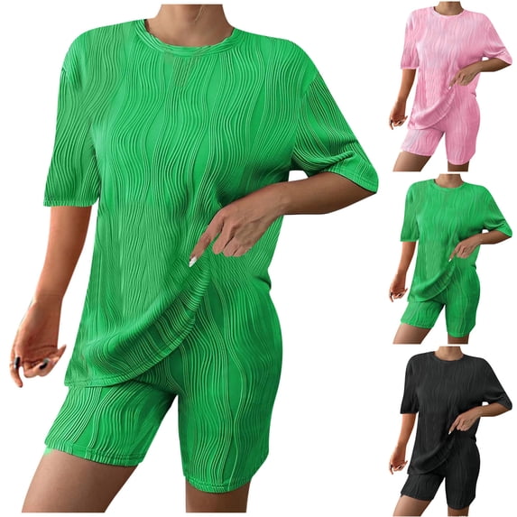 Fsshion 2 Piece of Sets for Womens Summer Plus Size Summer Slim Casual Loose Water Ripple Short Sleeved Round Neck Top And Shorts Two-piece Set