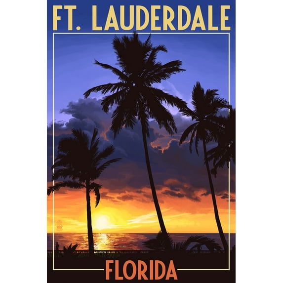 Ft. Lauderdale, Florida, Palms and Sunset (9x12 Wall Art Print, Home Decor)