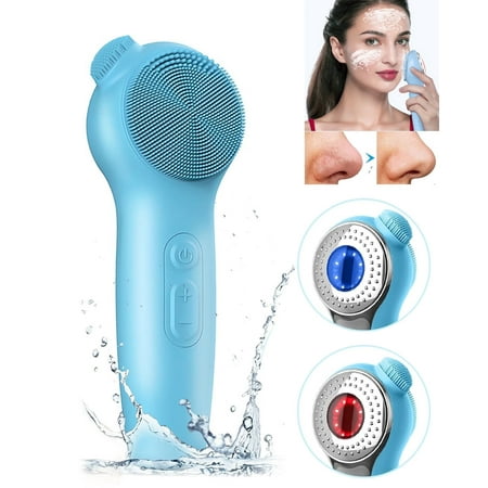 Fterwk Facial Cleansing Brush Face Scrubber, Silicone Electric Deep Cleaning Exfoliating Brush with Nose Scrubber, Waterproof Rechargeable Thermal Massager Skin Care Routine Men Women, Blue