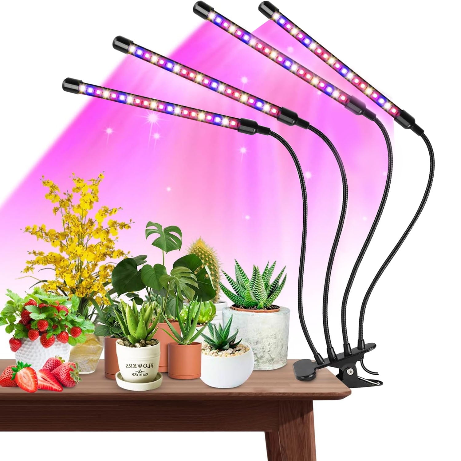 Fterwk Grow Lights for Indoor Plants, Four Head 80 LED Grow Light with Full Spectrum, Adjustable Gooseneck, Auto on off Timing 4 8 12Hrs