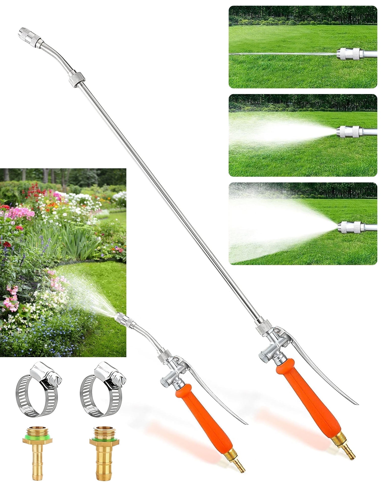 "29"" Long Stainless Steel Watering Wand with Metal Nozzle, Garden Hose Sprayer & Shut-Off Valve"