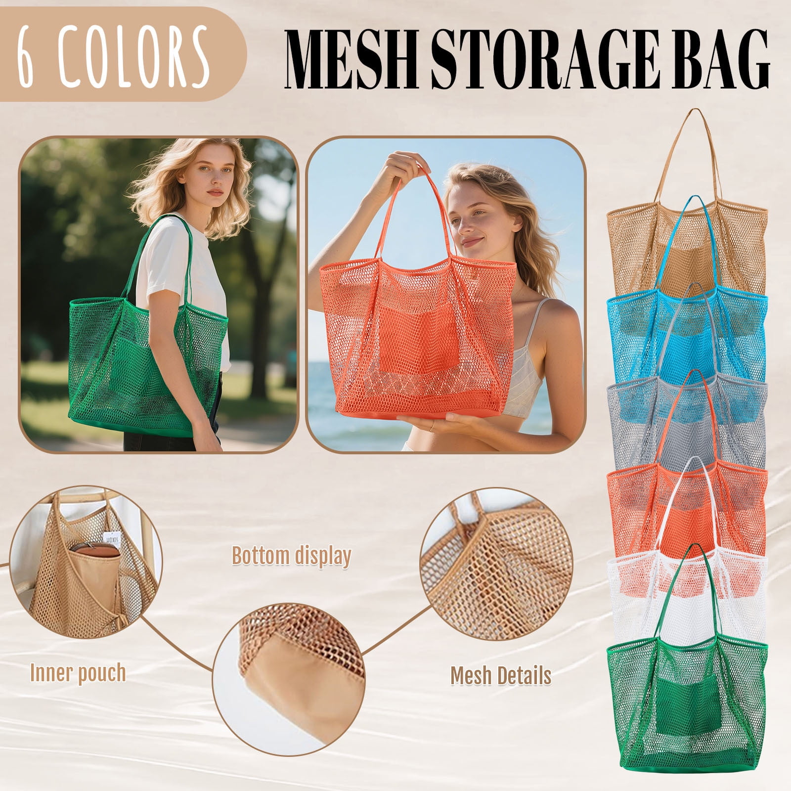 Crochet Beach Tote Bag For Women - Knit Mesh Summer Vacation Bag, Khaki 40x20x60cm