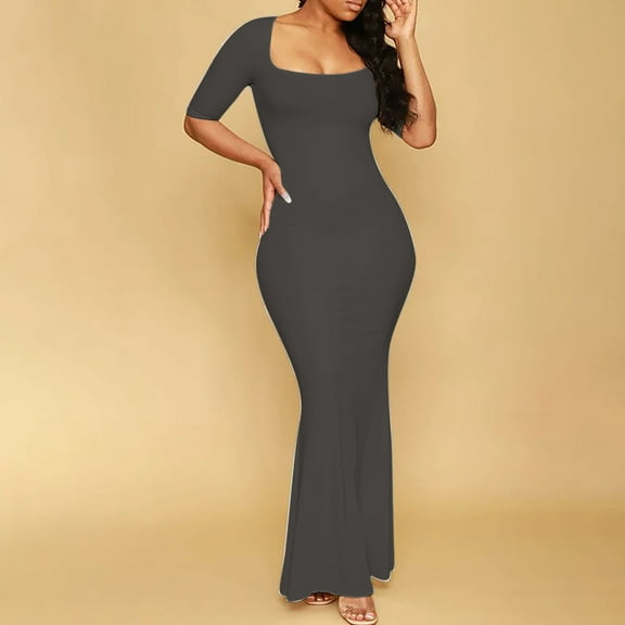 Ftwytp Business Elegant Dress for Women's Vintage Square Neck Short Sleeve Mermaid Bodycon Dress Women's Solid Color Collar A-line High Waist Slim Short Sleeve Fishtail Dress