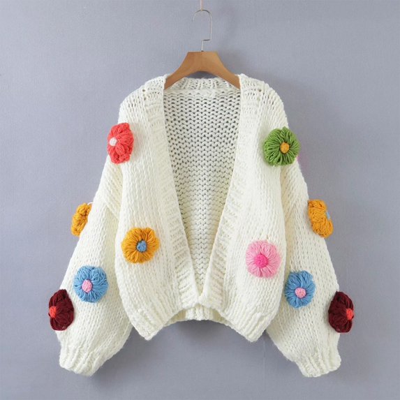 Ftwytp Cardigan for Women Knitted Sweater Long Sleeve Open Front Sweaters Coats Floral Knit Jumper Jacket Cardigan V Neck Button Down Cardigans Knitwear