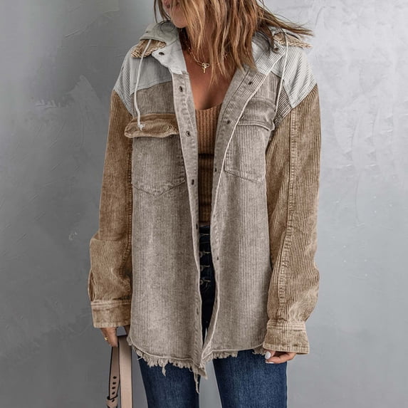 Ftwytp Corduroy Jacket Hoody College Soft Jacket for Women Long Sleeve 2025 Nice Drawstrin Coat Courderoy Fit Hoodies Vintage Color Block Coats