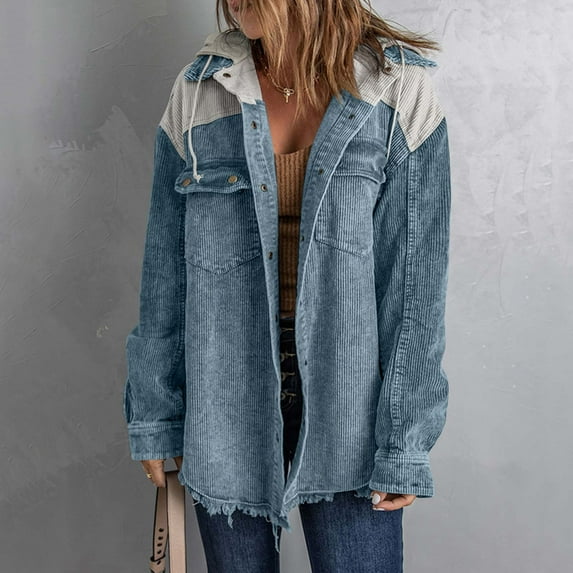 Ftwytp Corduroy Jacket Hoody College Soft Jacket for Women Long Sleeve 2025 Nice Drawstrin Coat Courderoy Fit Hoodies Vintage Color Block Coats