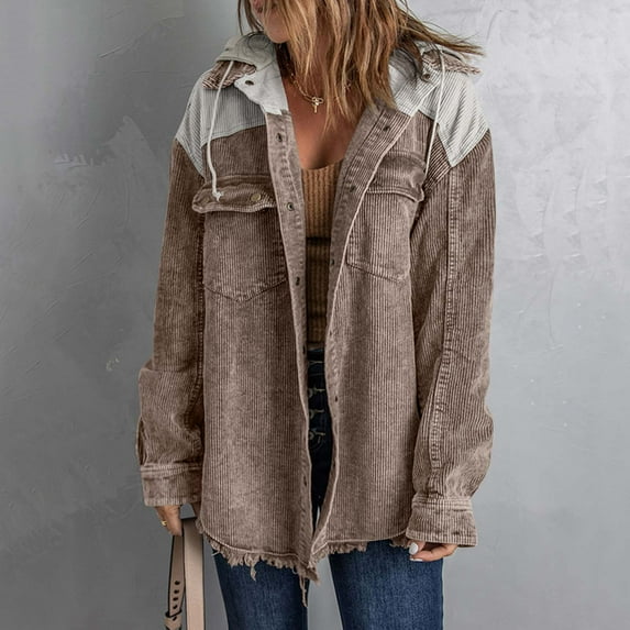 Ftwytp Corduroy Jacket Hoody College Soft Jacket for Women Long Sleeve 2025 Nice Drawstrin Coat Courderoy Fit Hoodies Vintage Color Block Coats