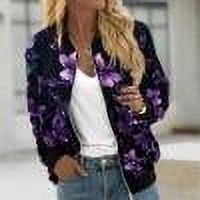 Ftwytp Jackets for Women Casual Long Sleeve Lightweight Bomber Jacket Classic Vintage Coat Full Zip Up Ribbed Collar Outwear Boho Floral Print Jackets
