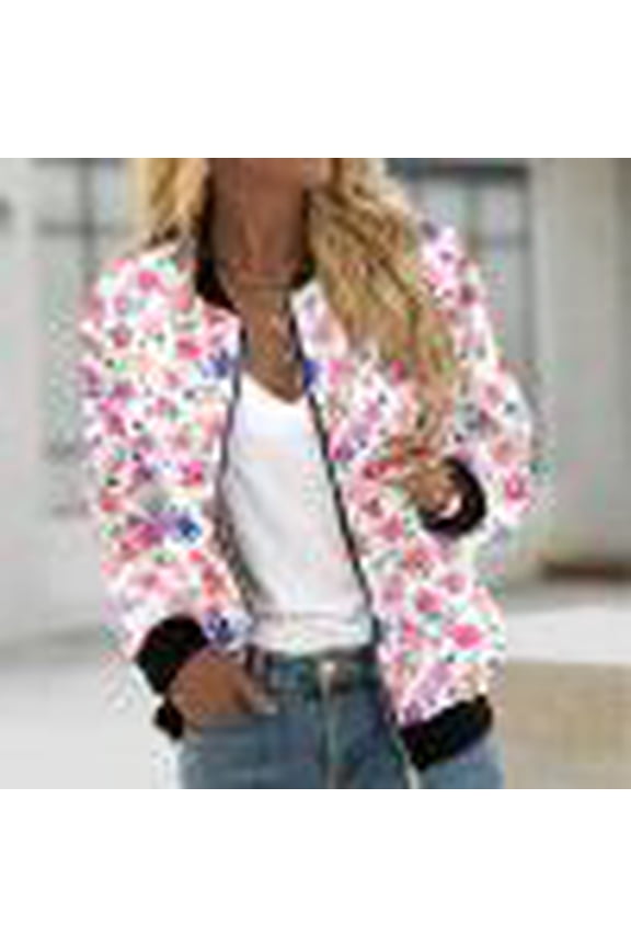 Jackets for Women Casual Long Sleeve Lightweight Bomber Jacket Classic Vintage Coat Full Zip Up Ribbed Collar Outwear Boho Floral Print Jackets