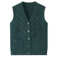 thumbnail image 1 of Ftwytp Knitted Waistcoats for Womens V Neck Gilets Knitted Vest Pure Color Thin Cardigan Jacket Geometric Jacquard Casual Vintage Sweater Sleeveless Waistcoat, 1 of 2