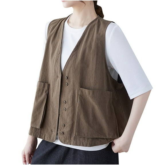 Ftwytp Linen Jackets for Women UK Denim Cotton Linen Waistcoat Trend Casual Denim Sleeveless Cardigan Ladies Jackets Trendy 2024