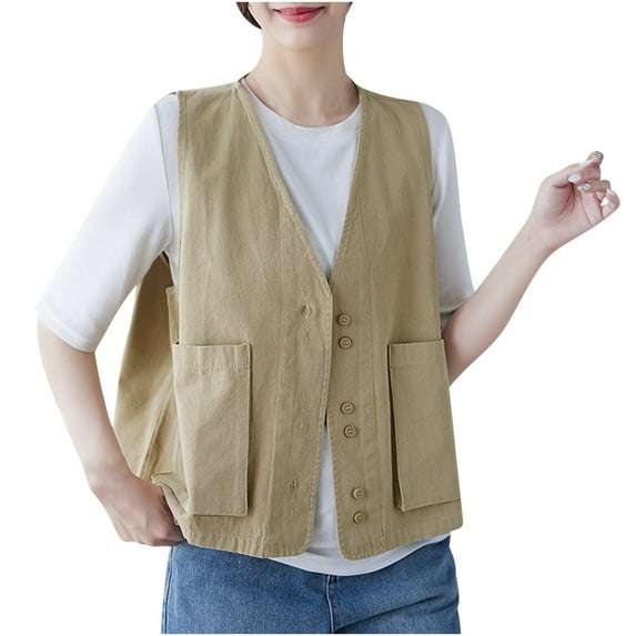 Ftwytp Linen Jackets for Women UK Denim Cotton Linen Waistcoat Trend Casual Denim Sleeveless Cardigan Ladies Jackets Trendy 2024