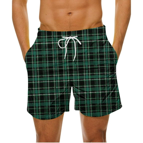 Ftwytp Men's Linen Shorts Striped Plaid Print Casual Drawstring Mid Elastic Waisted Beach Shorts Summer Athletic Gym Workout Track Shorts with Pockets