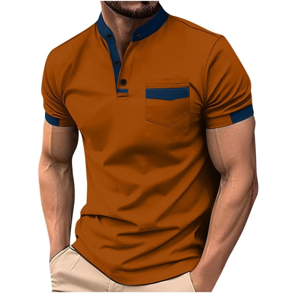 Ftwytp Men's Patchwork Pocket Fallow Button Round Neck Sports Short Sleeve Shirt Bright Colors Shirts For Men With Pockets Long Shirts For Leggings For Men