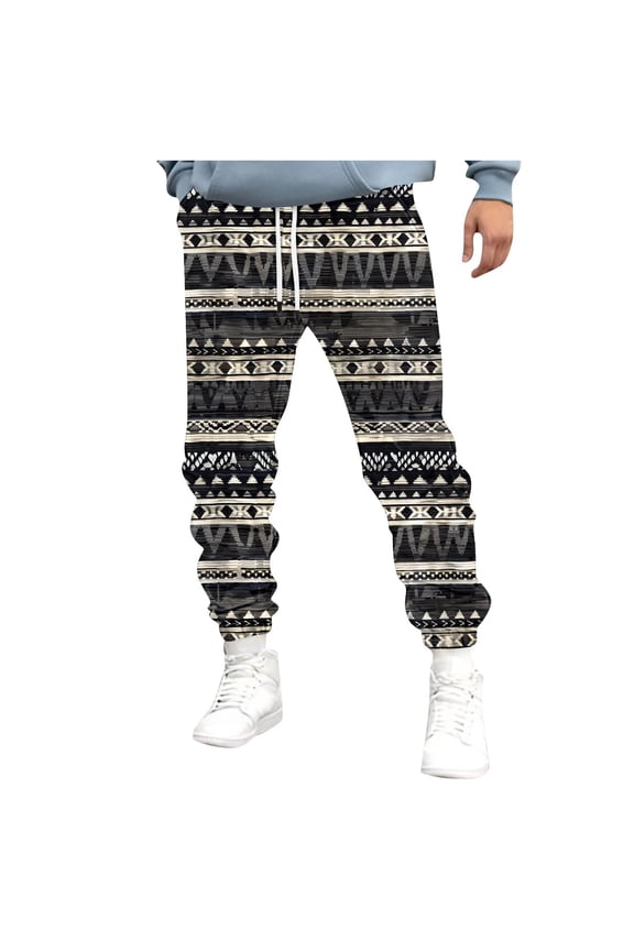 Men's Retro Fleece Jogger Pants Tracksuit Bottoms Lightweight Workout Athletic Bottom Gym Running Sweatpants Aztec Print Drawstring Activewear Trousers with Pockets