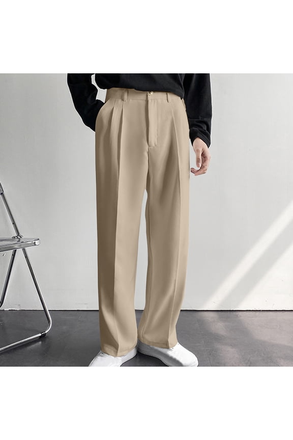 Men's Solid Color Casual Sports Pants, Straight Leg, Loose Fit, Korean Style Wide-Leg Trousers, White, Floor-Length Comfort