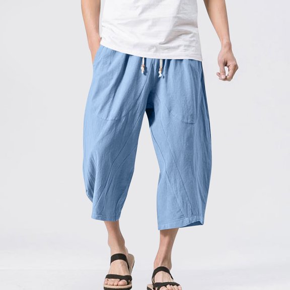 Ftwytp Men's Summer Cotton Linen Solid Color Breathable Comfortable Drawstring 7/8 Length Straight Leg Pants