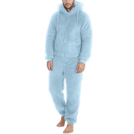 Ftwytp Mens Artificial Wool Long Sleeve Pajamas Casual Solid Color Zipper Loose Hooded Jumpsuit Pajamas Casual Winter Warm Romper Suit Sleepwear Jumpsuits