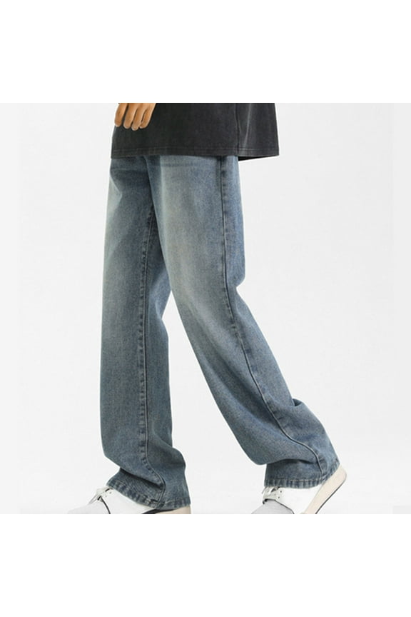 Mens Baggy Drawstring Denim Pants Straight Leg Work Jeans Hip Hop Style Dance Skater Jeans Trousers Classic Vintage Y2K Grunge Streetwear Pants with Pockets