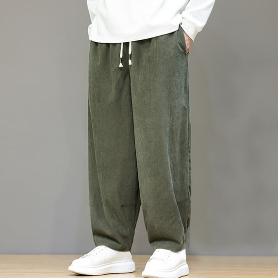 Ftwytp Mens Corduroy Pants Casual Cord Trouser Loose Elastic Waist Corduroy Pants Pockets Straight Leg Sweatpants Drawstring Wide Leg Smart Comfy Loose Pants