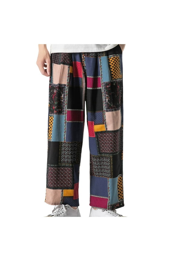 Mens Cotton Hemp Beach Trousers Plaid Check Pants Hippie Costume Yoga Pants Plaid Check Pants Baggy Streetwear Wide Leg Trousers Straight Legs Trousers