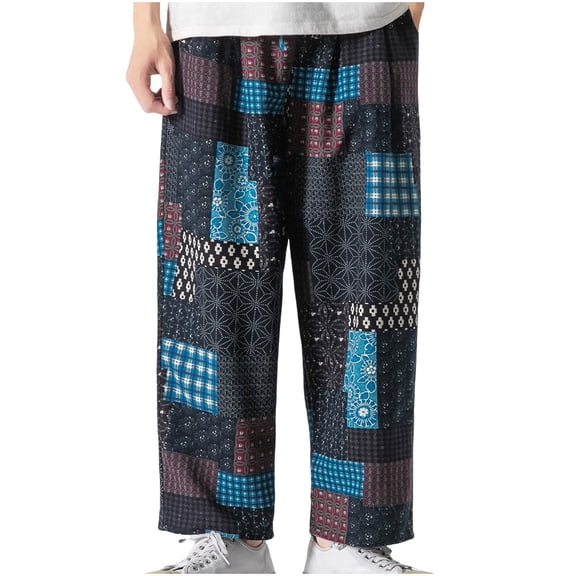 Ftwytp Mens Cotton Hemp Beach Trousers Plaid Check Pants Hippie Costume Yoga Pants Plaid Check Pants Baggy Streetwear Wide Leg Trousers Straight Legs Trousers