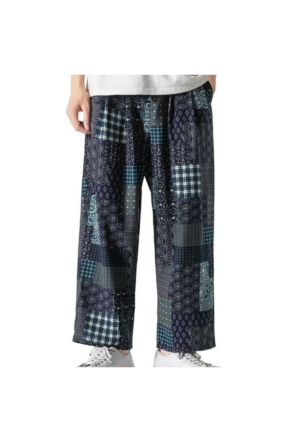Mens Cotton Hemp Beach Trousers Plaid Check Pants Hippie Costume Yoga Pants Plaid Check Pants Baggy Streetwear Wide Leg Trousers Straight Legs Trousers
