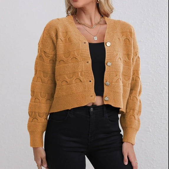 Ftwytp Open Front Cardigan for Women Casual Fashion Single Breasted Solid Color Long Sleeved Cardigan Loose V Neck Jacket Women Open Sweater Cardigan