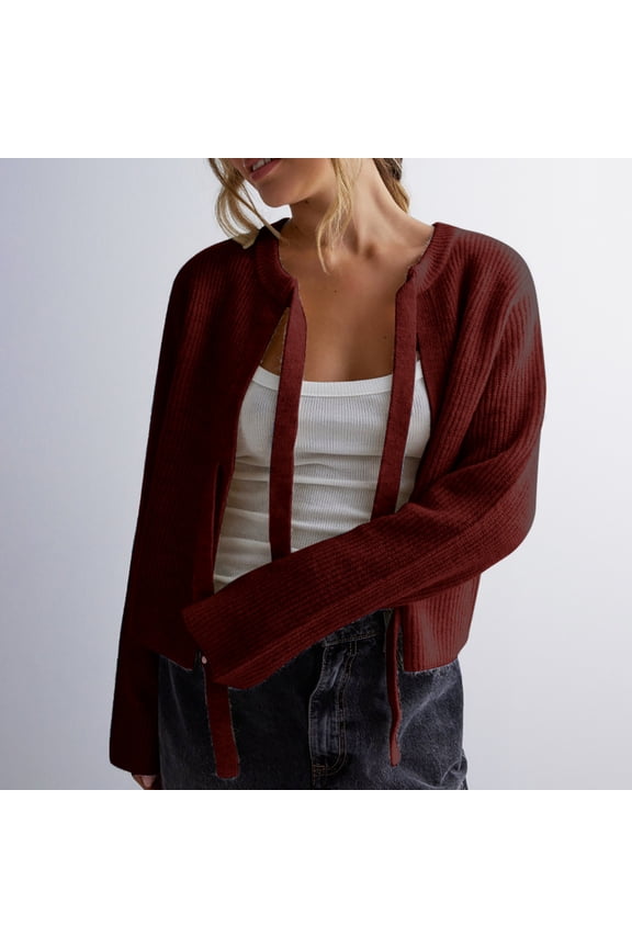 Plus Size Sweater for Women Open Front Long Sleeve Cardigan Crew Neck Jumpers Jacket Lace-up Solid Color Knitwear Striped Ribbed Sweater