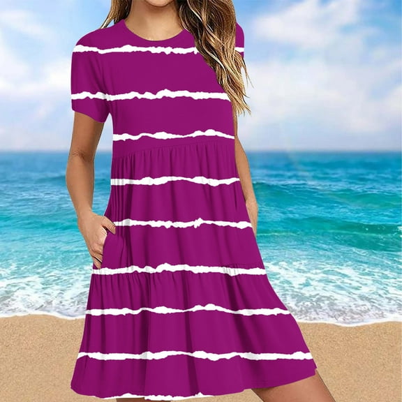 Ftwytp Short Sleeve Crew Neck T Shirt Dress Tiered Swing Mini Dresses with Pockets Beach Vacation Sundress Short Sleeve T Shirt Dress Tiered Mini Dresses With Pockets