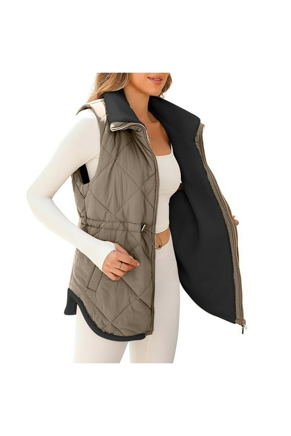 Winter Jackets for Women Winter Vests Sleeveless Fleece Jacket Zip Up Stand Collar Warm Drawstring Gilet Waistcots Winter Coat Outerwear with Pockets