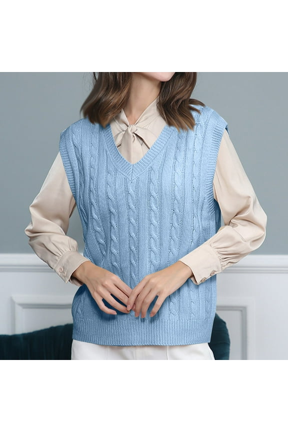 Women Argyle Sweater Vest V Neck Sleeveless Solid Color Jumpers Fall Winter Baggy Casual Pullover Warm Basic Cable Knit Sleeveless Vest Tunic Tops