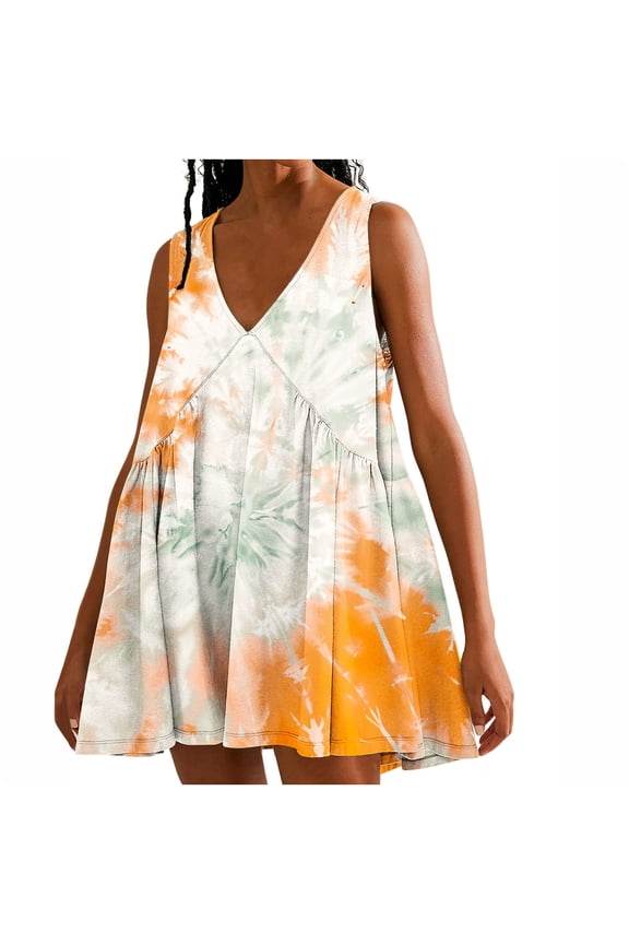Women Casual A-Line Dress with Pockets 2024 Sleeveless V Neck Pleated Sundress Tie Dye Work Office Dresses Women's Tie Printed Casual Loose Pleated Sleeveless V-neck Dress With Pockets