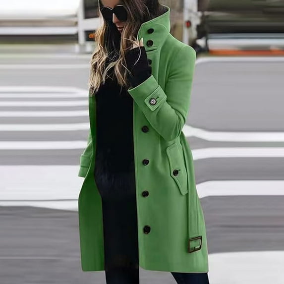 Ftwytp Women Casual Long Trench Windproof Coat with Belt Solid Colour Double-Breasted Lapel Collar Windbreaker Jacket Spring Autumn Coat