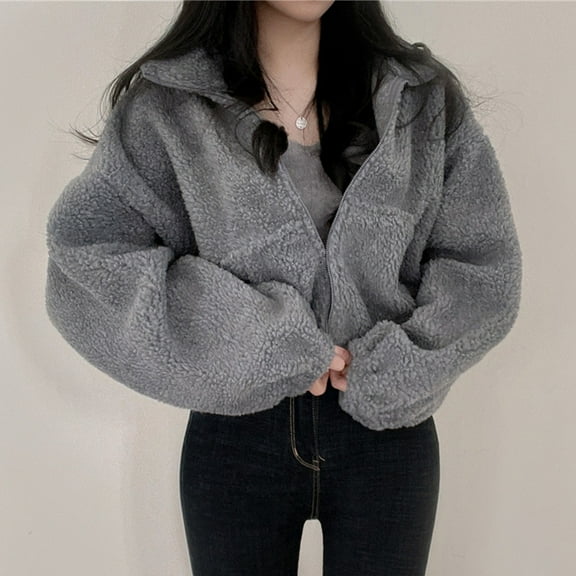 Ftwytp Women Cropped Jacket Coat Fluffy Fleece Turn-Down Collar Baggy Outwear Winter Keep Warm Top Fashion Short Loose Coat Festival Clothes