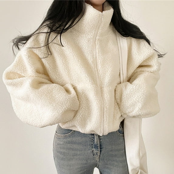 Ftwytp Women Cropped Jacket Coat Fluffy Fleece Turn-Down Collar Baggy Outwear Winter Keep Warm Top Fashion Short Loose Coat Festival Clothes
