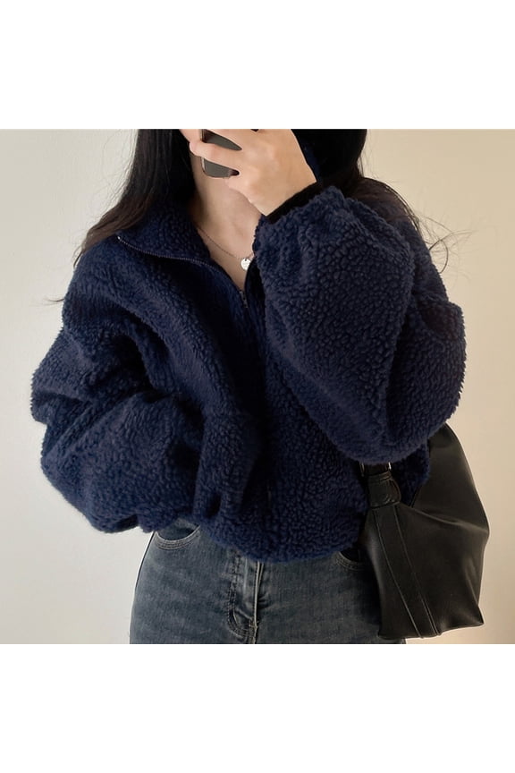Women Cropped Jacket Coat Fluffy Fleece Turn-Down Collar Baggy Outwear Winter Keep Warm Top Fashion Short Loose Coat Festival Clothes