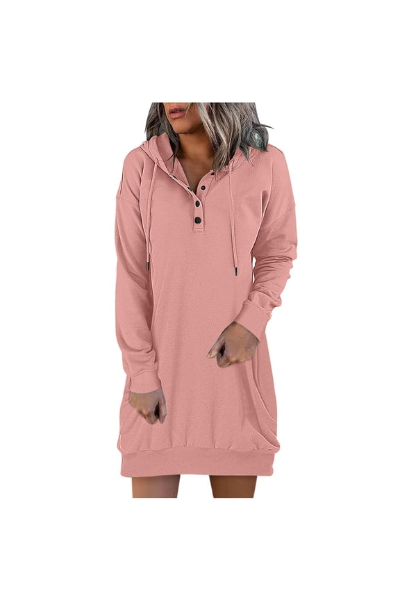 Women Hoodies Dress Hooded Sweatshirts Dress Casual Long Sleeve Tunic Dress Oversized Sweatshirts with Pocket Autumn And Winter Long Sleeve Dress For Women Hooded Solid Casual Dress