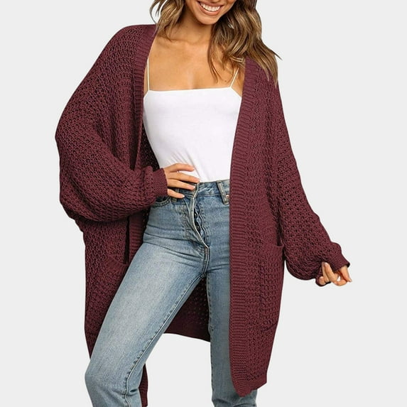 Ftwytp Women Knit Winter Cardigan Sweater Solid Color Long Sleeve Baggy Outwear Coat Elegant Casual Fall Winter Daily All Match Blouse Top Festival Clothes with Pockets
