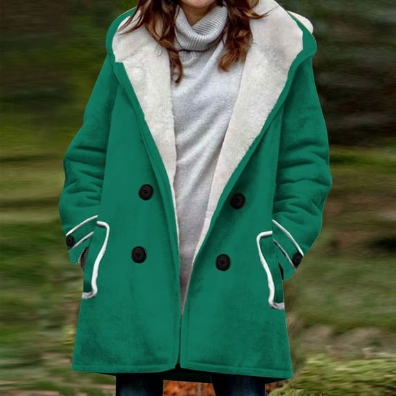 Ftwytp Women Plus Size Hoodie Long Sleeve Jacket for Summer Casual Velvet Double Breasted Hooded Mid Length Solid Color Temperament Commuting Jacket