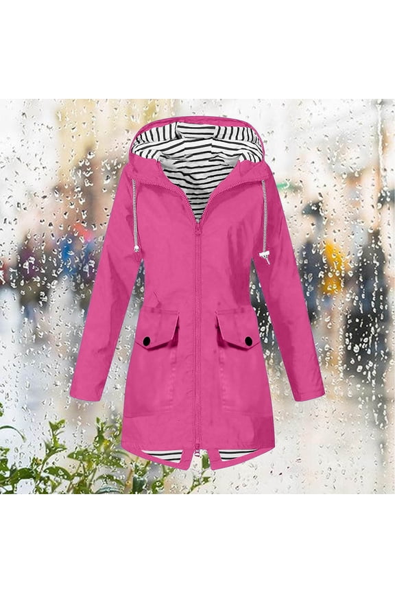 Women Solid Rain Jacket Candy Color Outdoor Plus Size Hooded Windproof Loose Coat Water Proof Raglan Cuff Hooded Raincoat Overcoat Winter