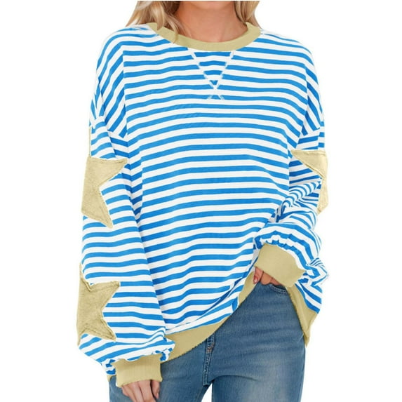 Ftwytp Women Striped Star Print Sweatshirt Oversized Long Sleeve Shirts Crew Neck Shirt Color Block Jumper Sweatshirt with Elastic Cuffs Y2K