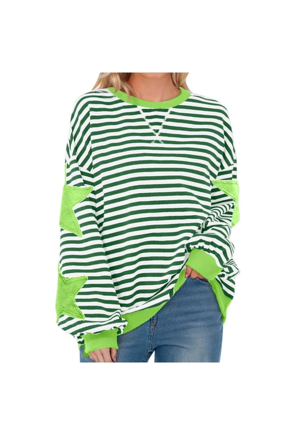 Women Striped Star Print Sweatshirt Oversized Long Sleeve Shirts Crew Neck Shirt Color Block Jumper Sweatshirt with Elastic Cuffs Y2K